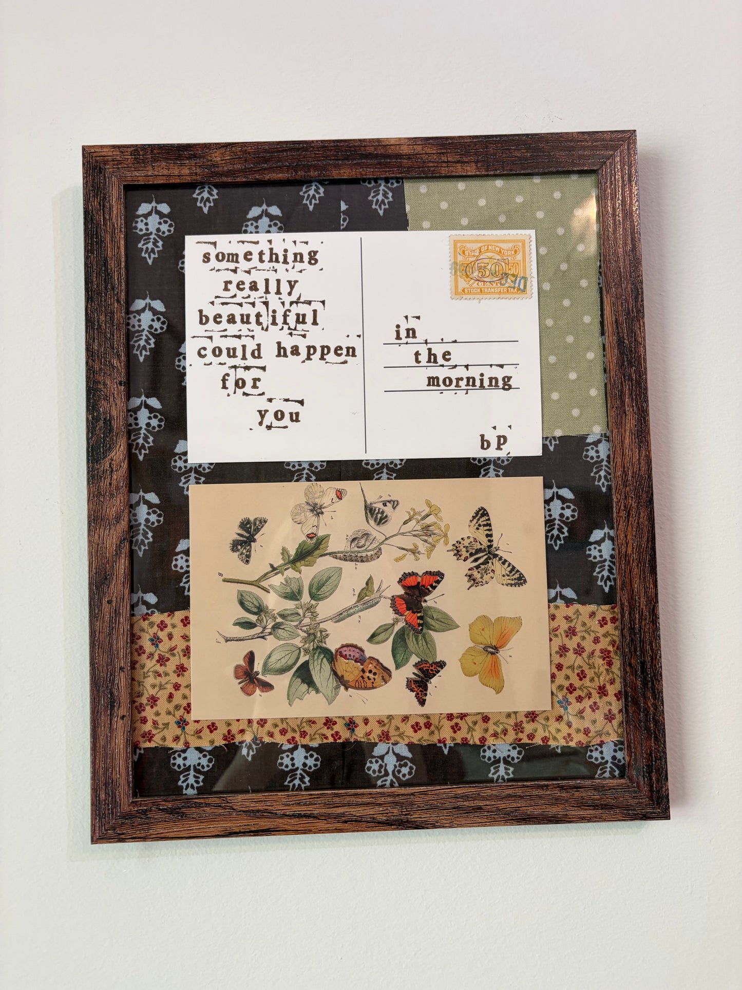 Hand-Stamped Art Frame - Blue Floral Quilt